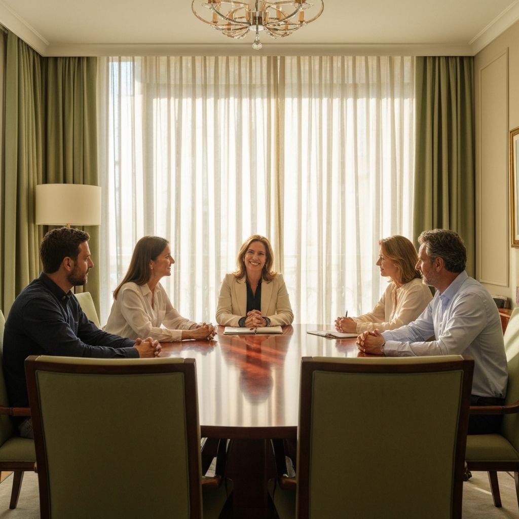 Familia acomodada española en elegante oficina moderna discutiendo planificación patrimonial con asesor financiero profesional, ambiente cálido con tonos beige y verde, atmósfera de confianza y prosperidad