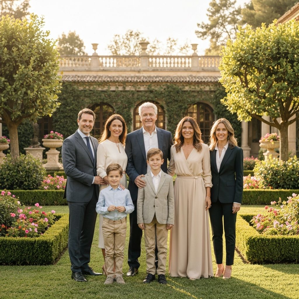 Familia multigeneracional española sonriendo en jardín elegante de mansión, abuelos, padres e hijos, ambiente de prosperidad y legado familiar, luz natural cálida, colores beige y verde suave, sensación de seguridad y futuro próspero